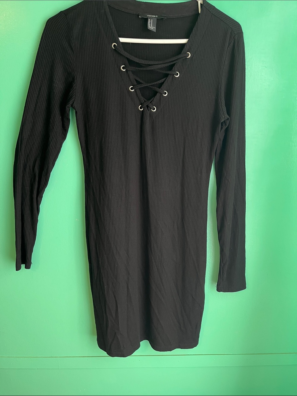 Forever 21 Black Ribbed Lace-Up Long Sleeve Dress